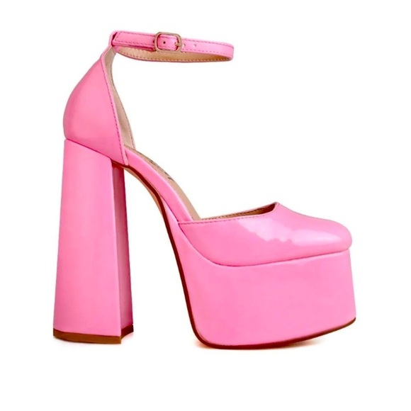 Platform high heels block junky pink patent pu leather.